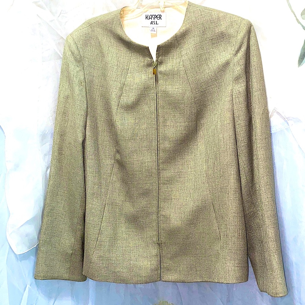 SUIT: KASPER A.S.L. MINT GREEN POLYESTER SKIRT SUIT/ZIP FRONT CLOSURE SZ 16